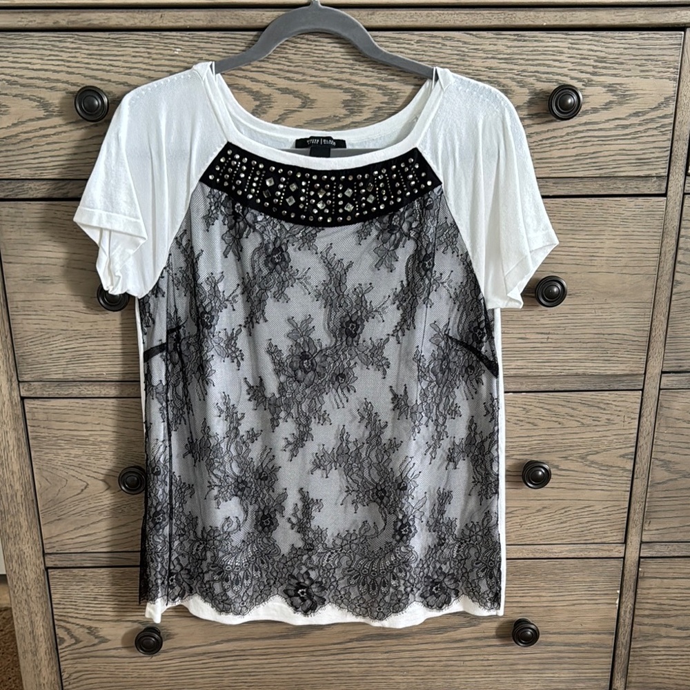 White House Black Market Black Lace Overlay White Blouse